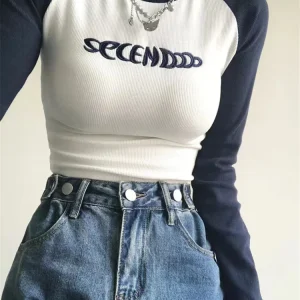 Letter Print Women T-Shirt Spring Long Sleeve Patchwork Tops Fashion Retro Contrast Color Crop Top Hot Girl Skinny Y2K Tees