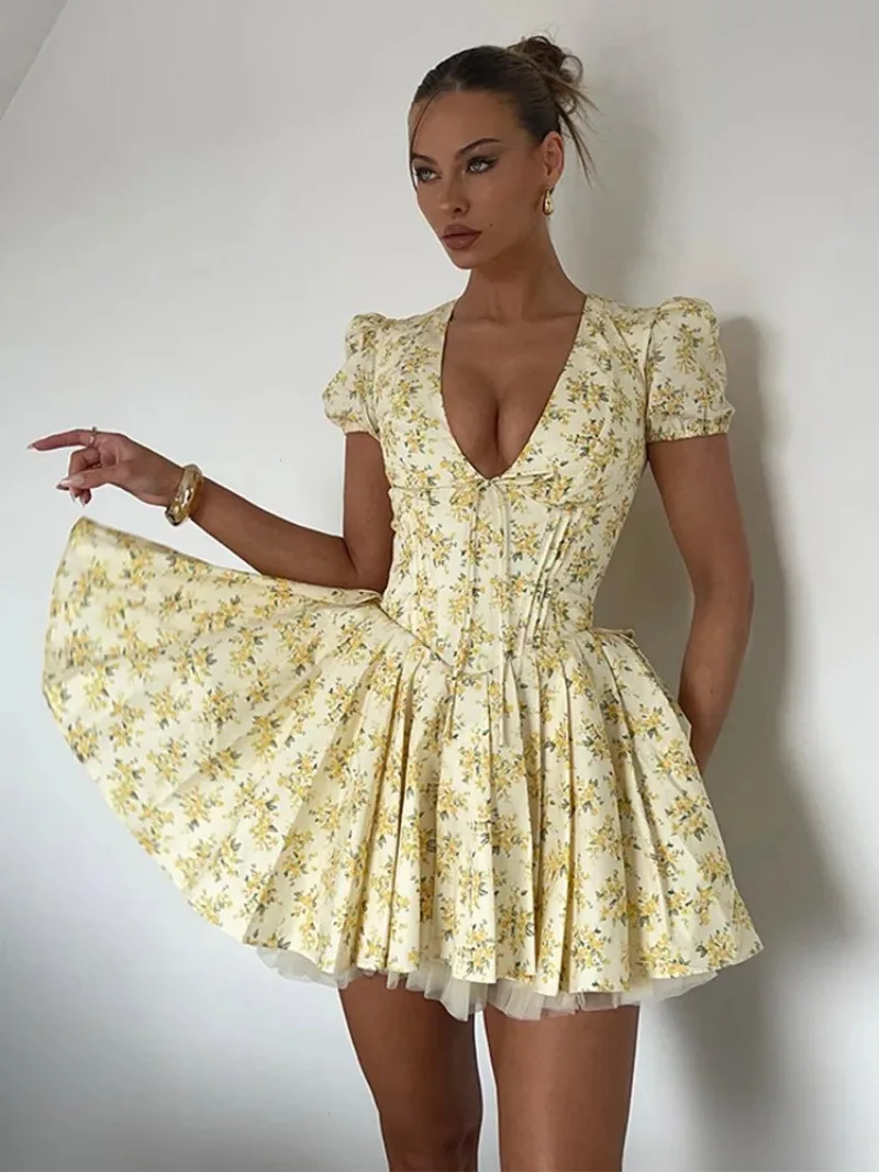 Sexy Deep V Neck Pleated Dress for Women Chic Print Short Puff Sleeve Mini Dresses 2024 Fashion Female Night Party Club Vestidos - Image 3