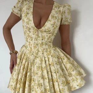 Sexy Deep V Neck Pleated Dress for Women Chic Print Short Puff Sleeve Mini Dresses 2024 Fashion Female Night Party Club Vestidos