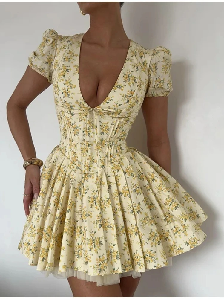 Sexy Deep V Neck Pleated Dress for Women Chic Print Short Puff Sleeve Mini Dresses 2024 Fashion Female Night Party Club Vestidos
