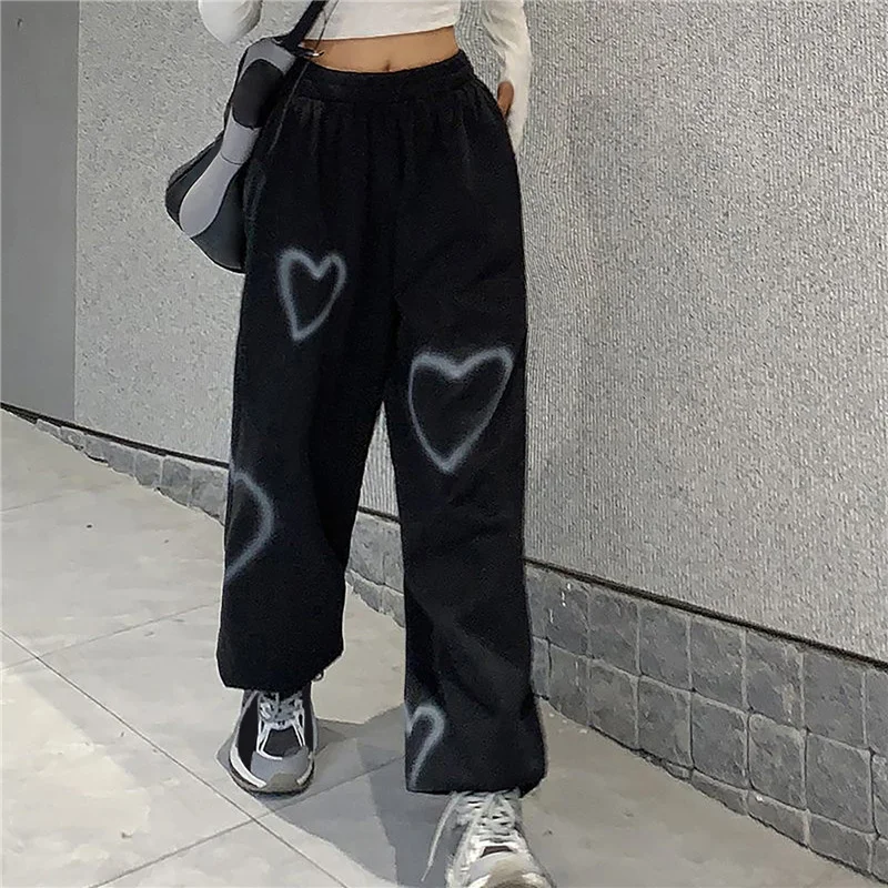 Women Heart Printing Sweatpants Loose Straight Joggers High Waist Wide Leg Pants Oversize Streetwear Korean Y2k Hip Hop Trousers - Image 2