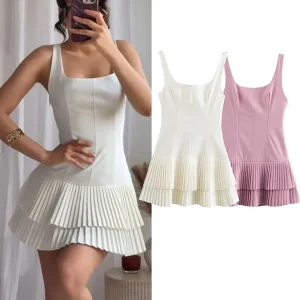 Women Fashion Square Collar Sleeveless Solid Mini Dress Female Summer Pleated Dress Chic High Street Slim Short Dress