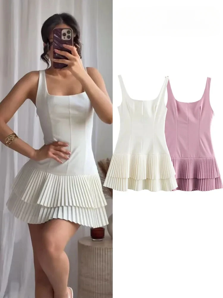 Women Fashion Square Collar Sleeveless Solid Mini Dress Female Summer Pleated Dress Chic High Street Slim Short Dress