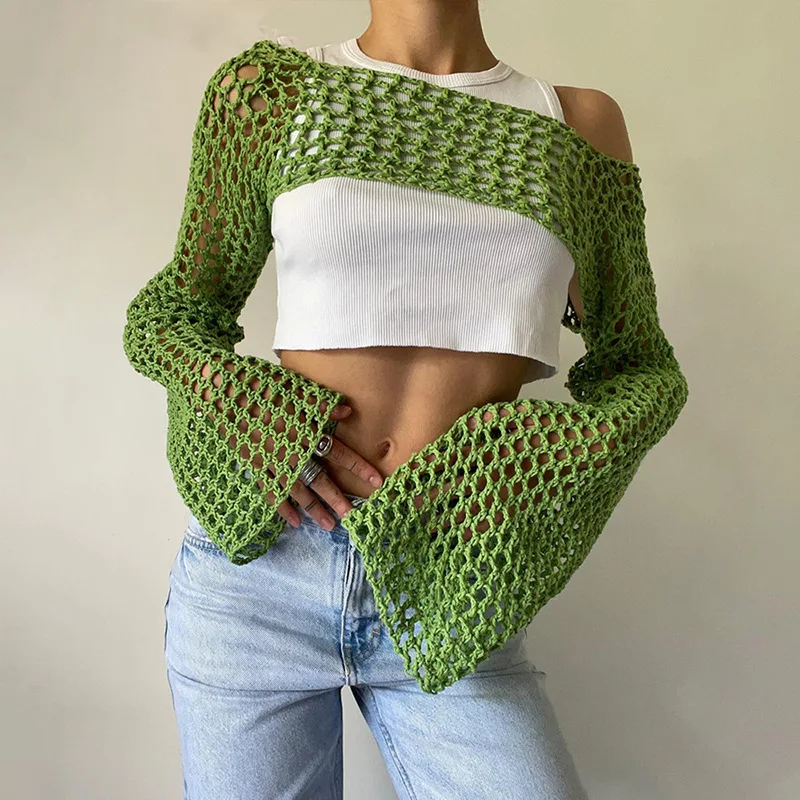 Y2k Crochet Knit Hollow Out Tops Vintage Mesh Top Grunge Clothes 2000s Aesthetic Mesh Sweatshirt 2023 Summer Crop Top for Women - Image 4