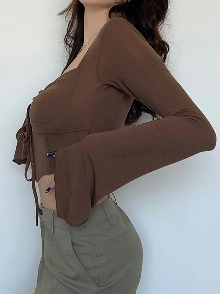 Woman Y2K Sexy V Neck TeeKorean Chic Vintage Streetwear Long Sleeve T-Shirts Gyaru Grunge Aesthetics Tight Crop Top Clothes - Image 4