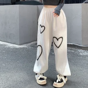 Women Heart Printing Sweatpants Loose Straight Joggers High Waist Wide Leg Pants Oversize Streetwear Korean Y2k Hip Hop Trousers