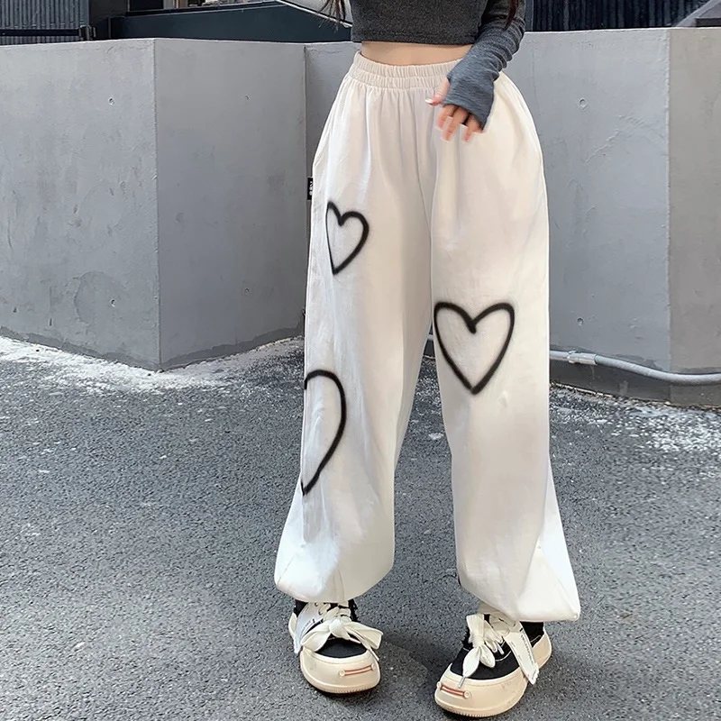 Women Heart Printing Sweatpants Loose Straight Joggers High Waist Wide Leg Pants Oversize Streetwear Korean Y2k Hip Hop Trousers