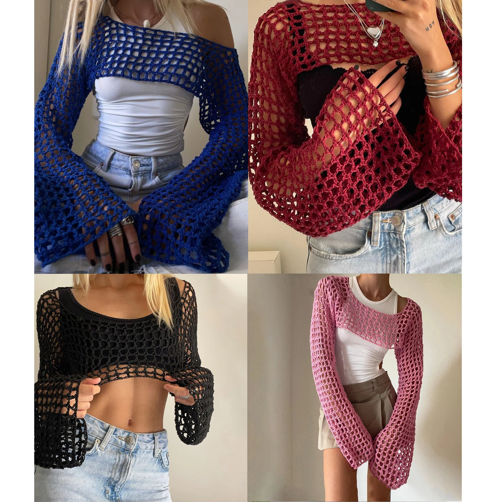 Y2k Crochet Knit Hollow Out Tops Vintage Mesh Top Grunge Clothes 2000s Aesthetic Mesh Sweatshirt 2023 Summer Crop Top for Women