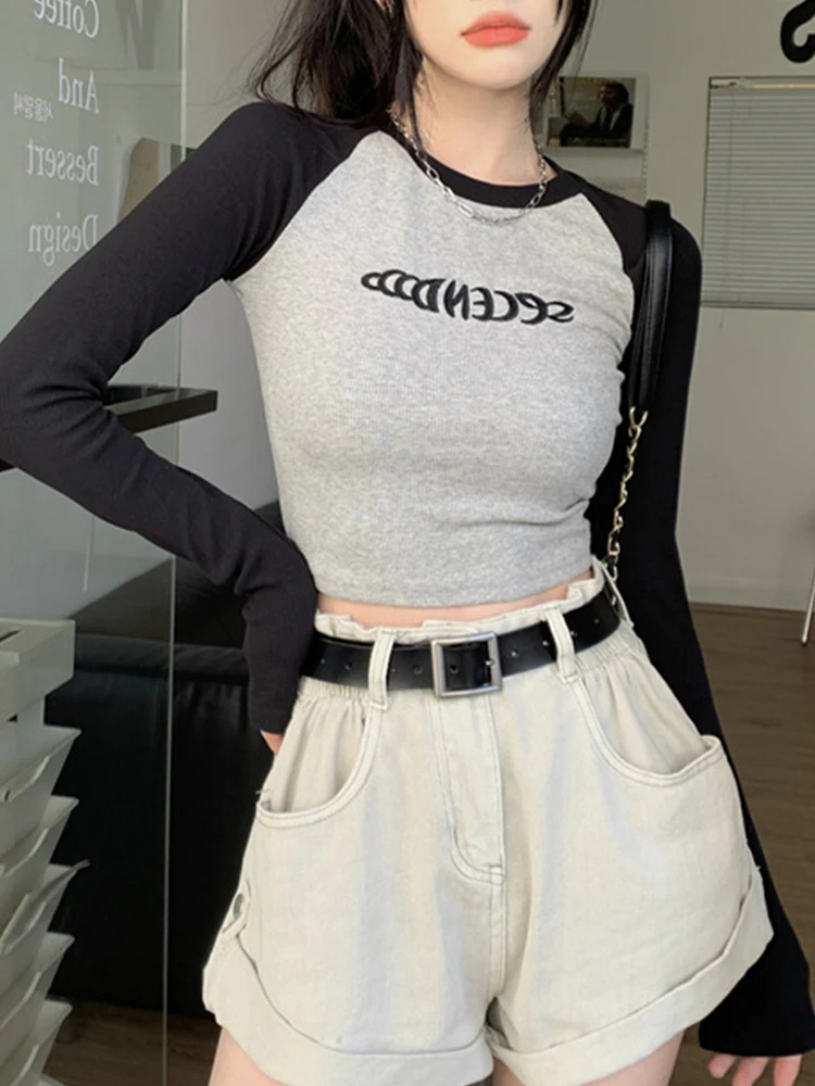 Letter Print Women T-Shirt Spring Long Sleeve Patchwork Tops Fashion Retro Contrast Color Crop Top Hot Girl Skinny Y2K Tees - Image 3