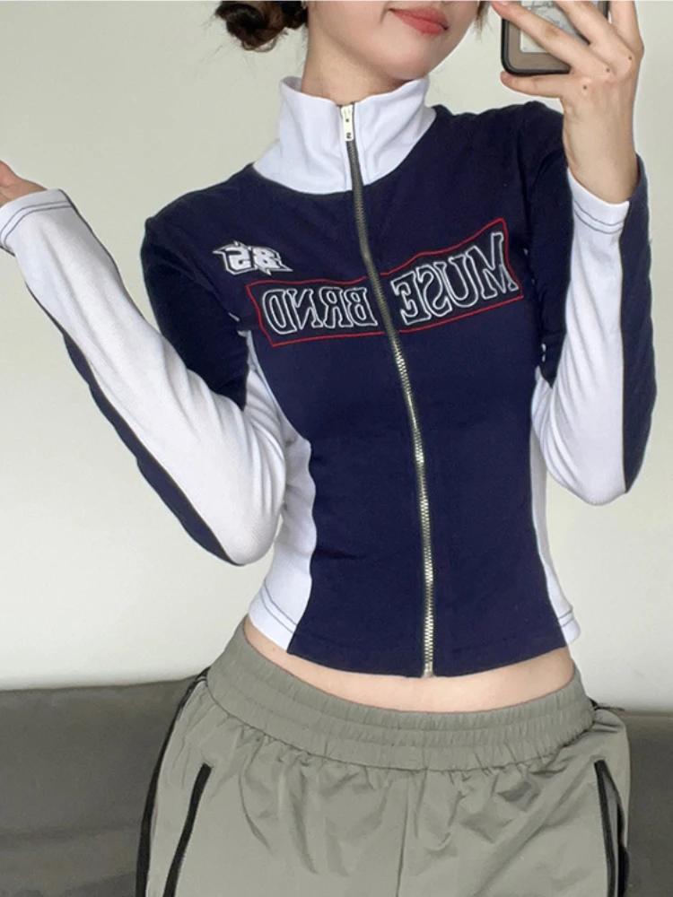 Letter Print Fashion Y2K Jackets Long Sleeves Patchwork Turn-down Neck Coats Streetwear Sexy Autumn Cute Zip Up Outfits 2022 New - Image 4