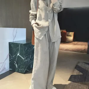 Linen Long Sleeve Shirt Pants Suit 100% Cotton Women's Set Wide Leg Pant Tracksuit Two Piece Set Loose Trousers Outfits Size XXL