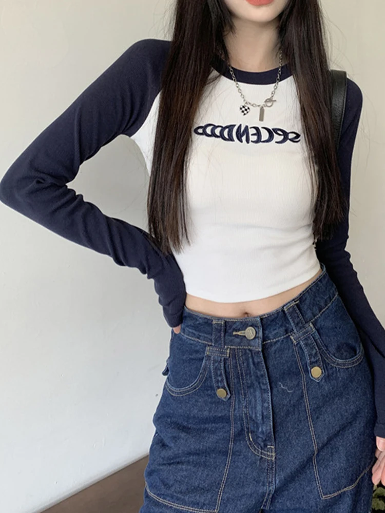 Letter Print Women T-Shirt Spring Long Sleeve Patchwork Tops Fashion Retro Contrast Color Crop Top Hot Girl Skinny Y2K Tees - Image 2