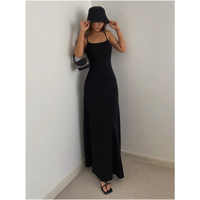 Sexy Womens Straps Dress Sleeveless Korean Fashion Summer Black Dress Grey Suspender Simple Temperament Longuette Skirt Dress - Image 2