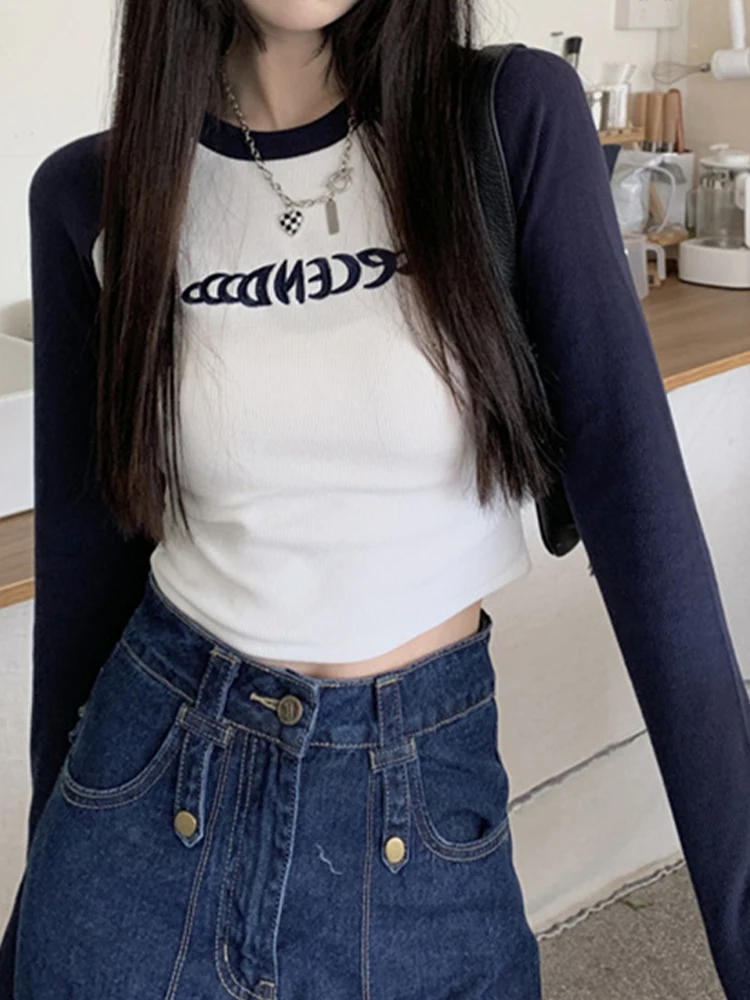 Letter Print Women T-Shirt Spring Long Sleeve Patchwork Tops Fashion Retro Contrast Color Crop Top Hot Girl Skinny Y2K Tees - Image 4