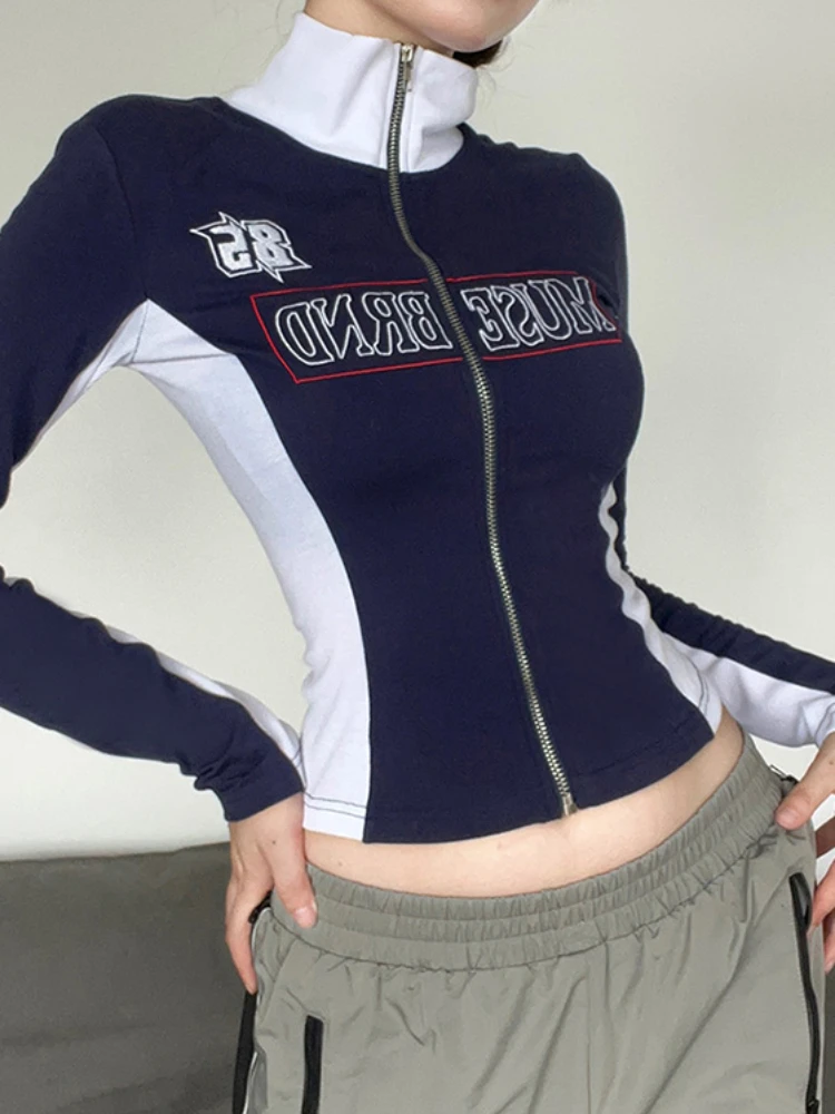 Letter Print Fashion Y2K Jackets Long Sleeves Patchwork Turn-down Neck Coats Streetwear Sexy Autumn Cute Zip Up Outfits 2022 New - Image 2