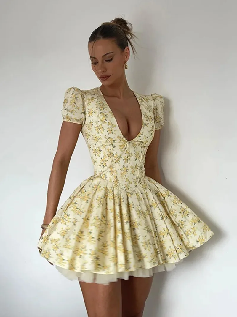 Sexy Deep V Neck Pleated Dress for Women Chic Print Short Puff Sleeve Mini Dresses 2024 Fashion Female Night Party Club Vestidos - Image 2